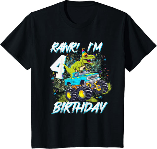 Kids 4th Birthday Monster Truck Dinosaur Party Boys Rawr I'm 4 T-Shirt