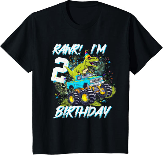 Kids 2nd Birthday Monster Truck Dinosaur Party Boys Rawr I'm 2 T-Shirt