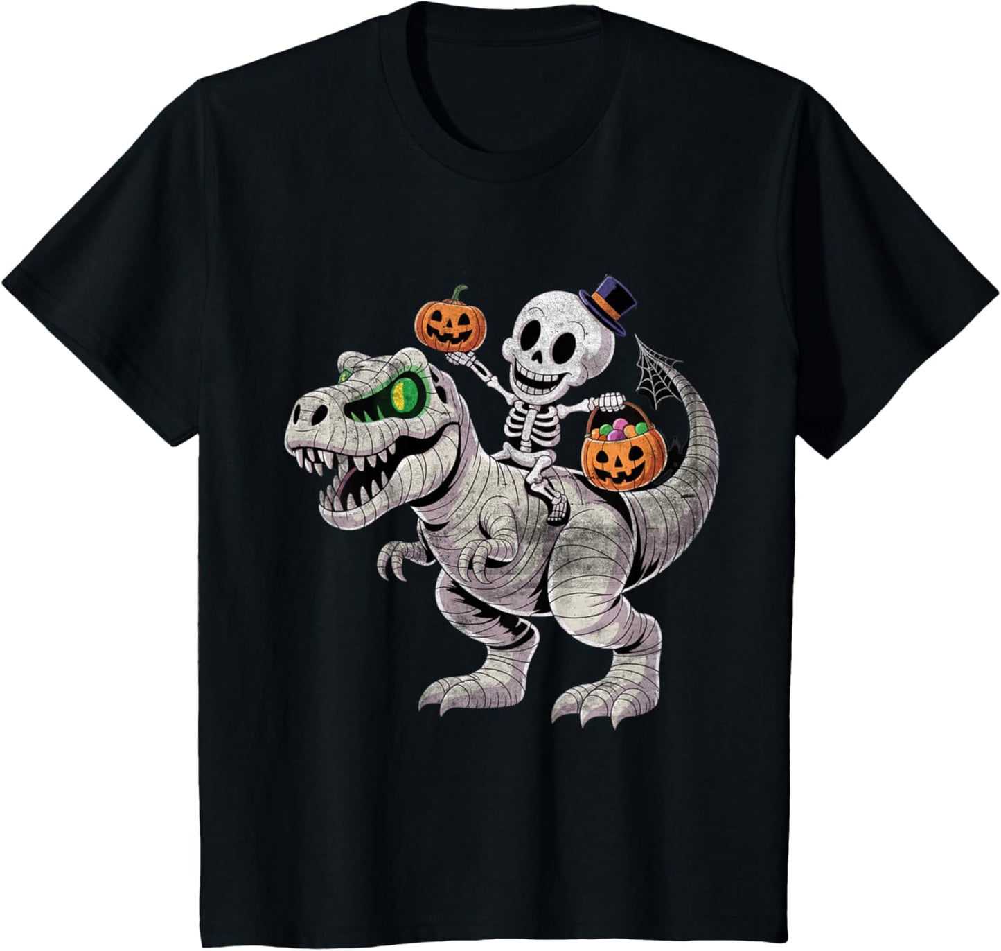 Skeleton Riding Mummy Dinosaur T rex Halloween Funny Pumpkin T-Shirt