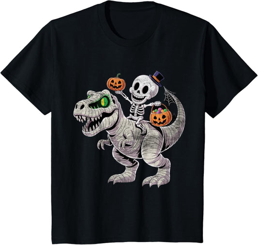 Skeleton Riding Mummy Dinosaur T rex Halloween Funny Pumpkin T-Shirt