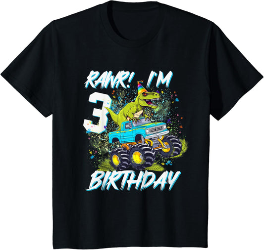 Kids 3rd Birthday Monster Truck Dinosaur Party Boys Rawr I'm 3 T-Shirt