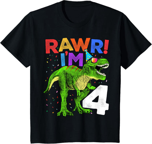 Kids Roar Rawr I'm Four Saurus T Rex Dinosaur 4th Birthday Boys 4 T-Shirt