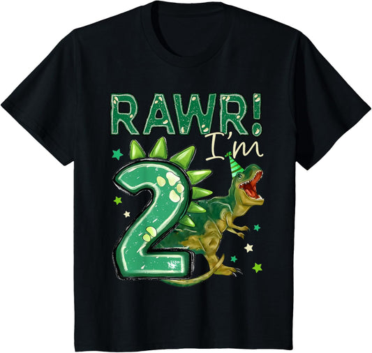Kids Two T Rex 2nd Birthday Second Dinosaur I'm 2 Year Old Boy T-Shirt
