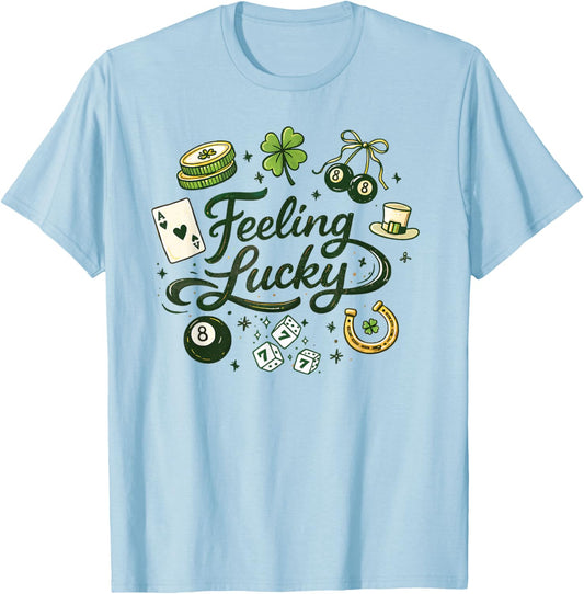 Feeling Lucky Green Clover Horseshoe Dice Lucky Charms T-Shirt T-Shirt - T-Shirt | Light Blue