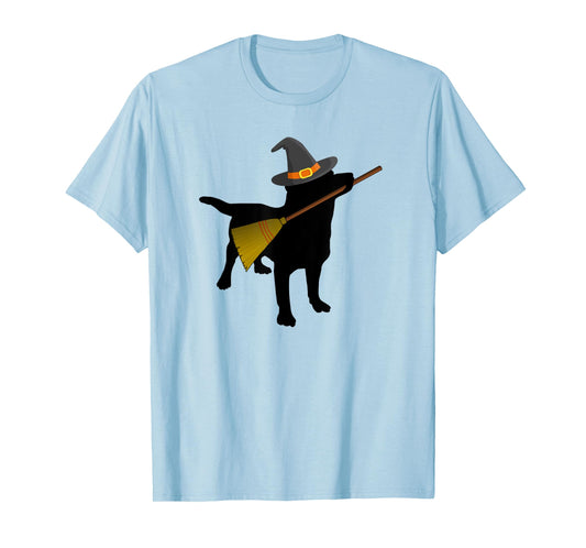 Funny Halloween Black Lab Dog Cute Witch Hat Broom T-shirt T-Shirt