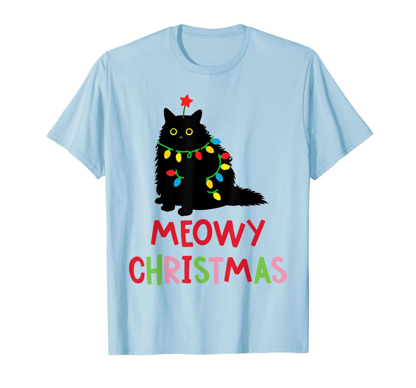 Meowy Christmas Funny Black Cat Christmas Lights Cat Lovers Men Women Kids T-Shirt