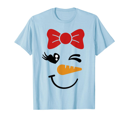 Pink Bow Snowman For Girls Cute Snowgirl Face Christmas T-Shirt