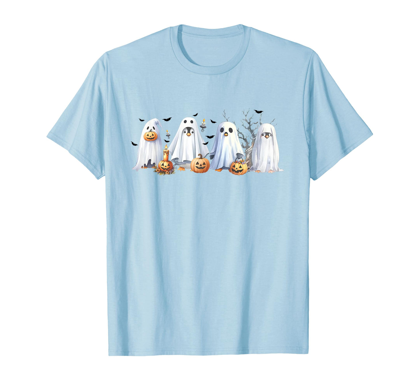 Funny Pumpkin Penguin Ghost Halloween Penguin Lover Womens T-Shirt