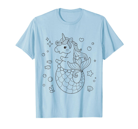 Cute unicorn mermaid to paint and color in for children T-Shirt