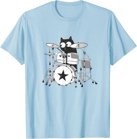 Funny Drummer Cat Playing In Band Kitty Punk Rockstar Kitten T-Shirt