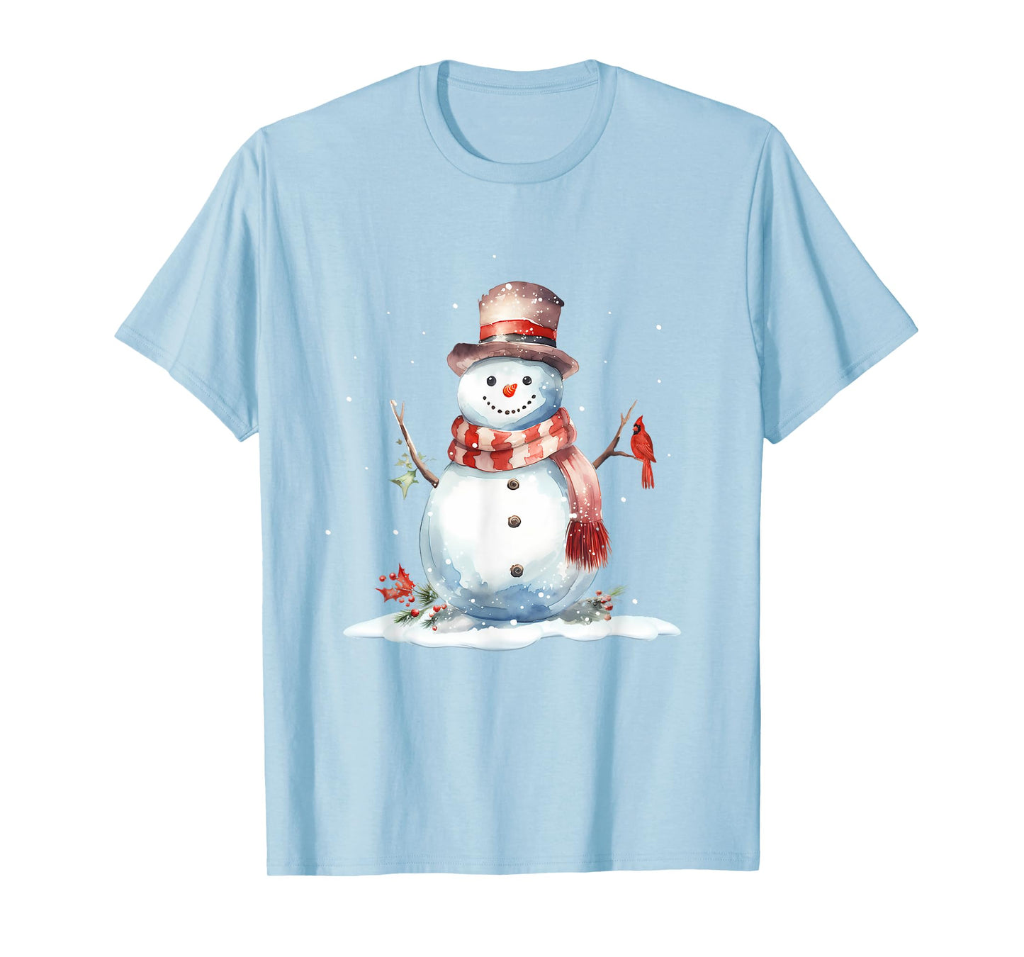 Cardinal Bird on Cute Winter Christmas Snowman, watercolor T-Shirt