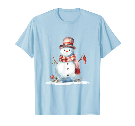 Cardinal Bird on Cute Winter Christmas Snowman, watercolor T-Shirt