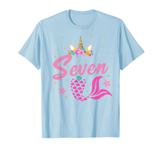 7th Birthday Girl Unicorn Shirt Mermaid Tail 7 Years Old T-Shirt