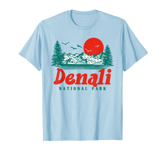 Retro Denali National Park Mountain Trees & Sun Graphic T-Shirt