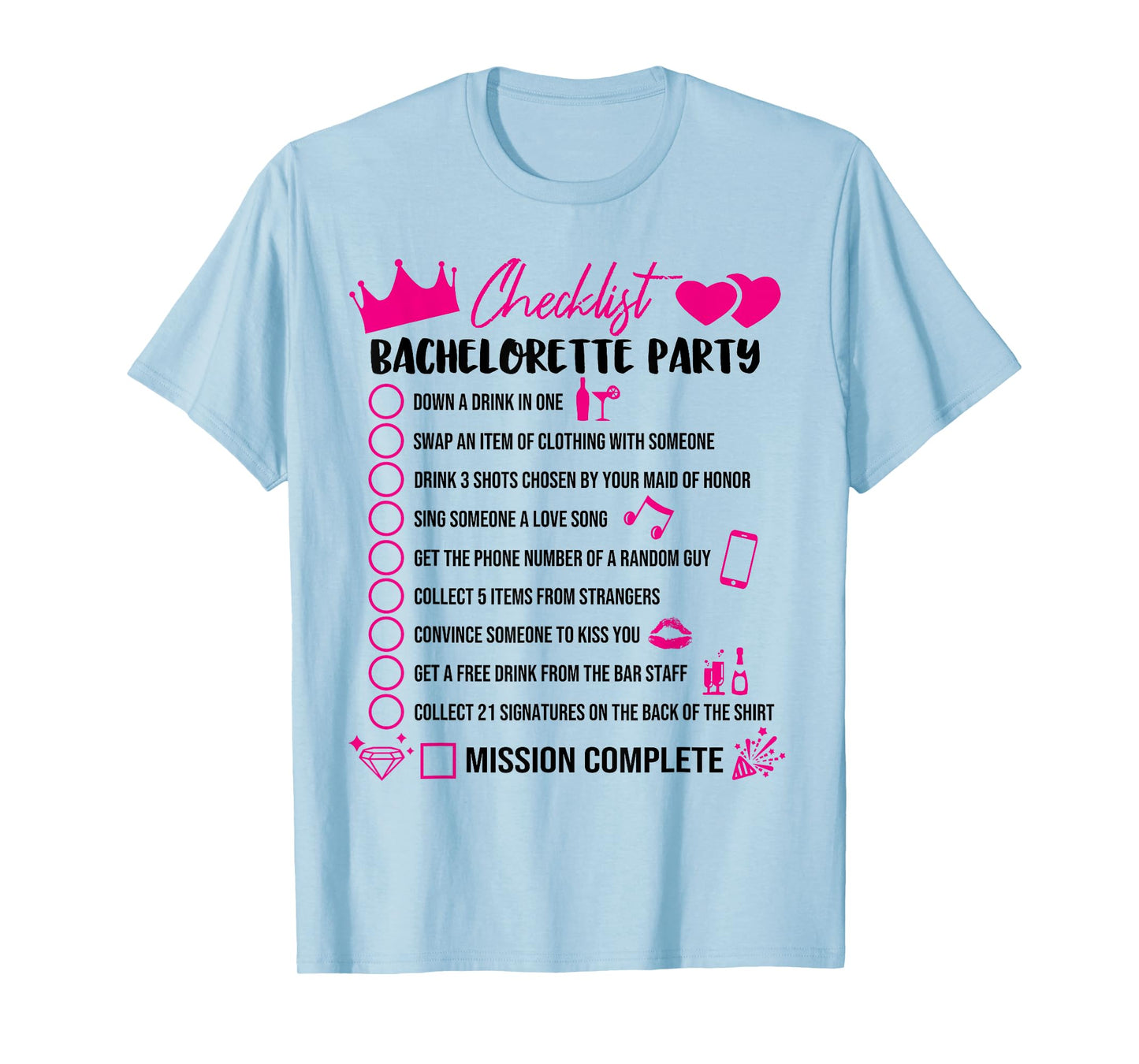 Bachelorette Party Checklist Game Girls Night Out Bride Fun T-Shirt