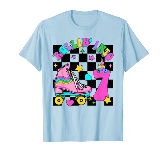 Rolling Into 7 Years Old Skater 7th Birthday Kids Girls T-Shirt