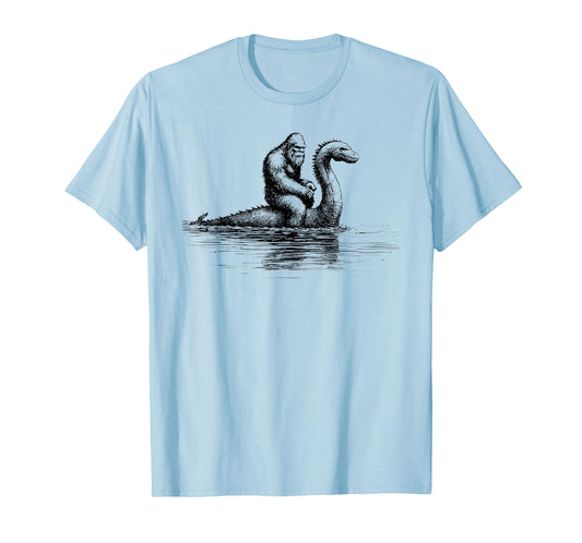 funny bigfoot sasquatch riding loch ness monster cryptid T-Shirt