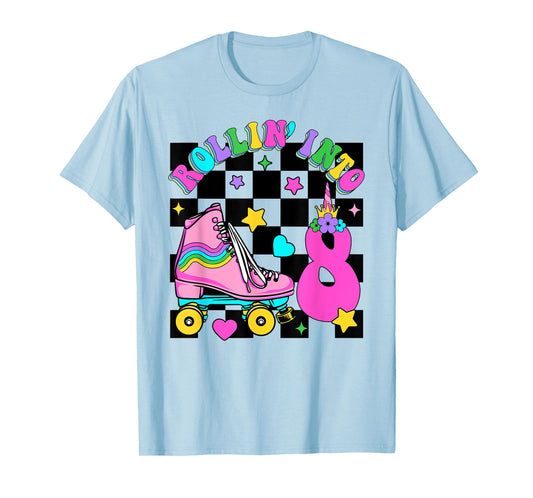 Rolling Into 8 Years Old Skater 8th Birthday Kids Girls T-Shirt