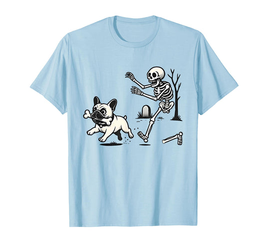 Skeleton Chasing French Bulldog Biting Leg Bone Halloween T-Shirt