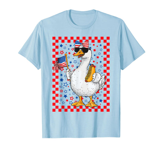 Cute Gooses & Bow Holding Hotdog USA Flag 4th Of July Girls T-Shirt