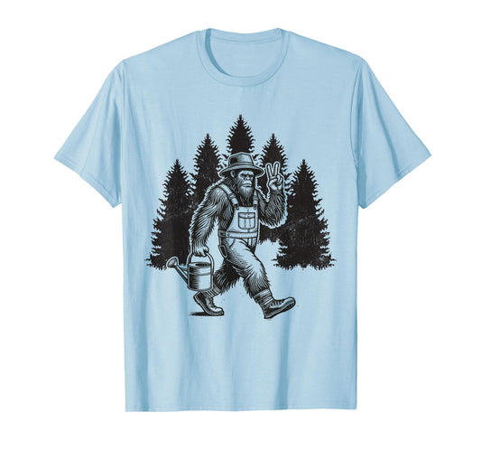 Bigfoot Gardener Watering Plants Retro Sasquatch Gardening T-Shirt