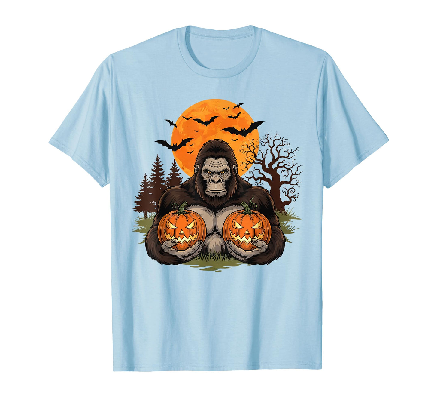 Spooky Halloween Bigfoot Pumpkin Moon Bats Men Women Kids T-Shirt