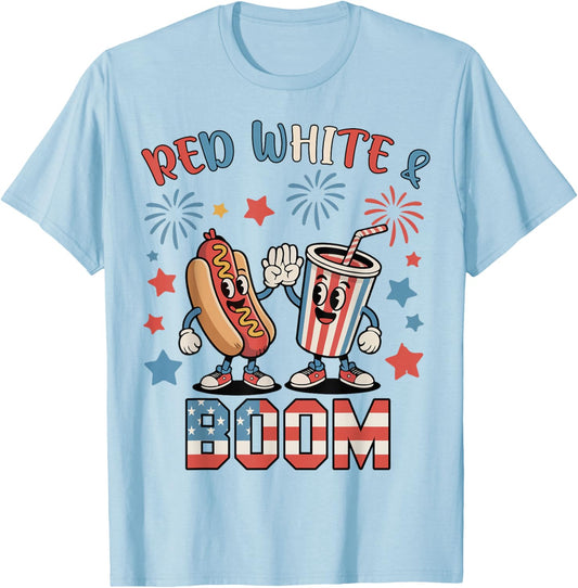 Toddler Boy Red White & Boom Hotdog 4th July Patriotic Funny T-Shirt