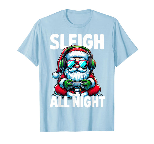Christmas Gamer Boys Sleigh All Night Video Game Santa Xmas T-Shirt
