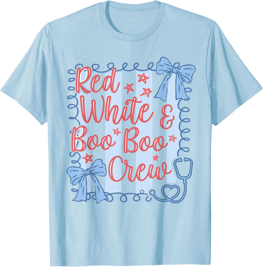Red White Boo Boo Crew 4th Of July Retro Coquette RN Nurse T-Shirt