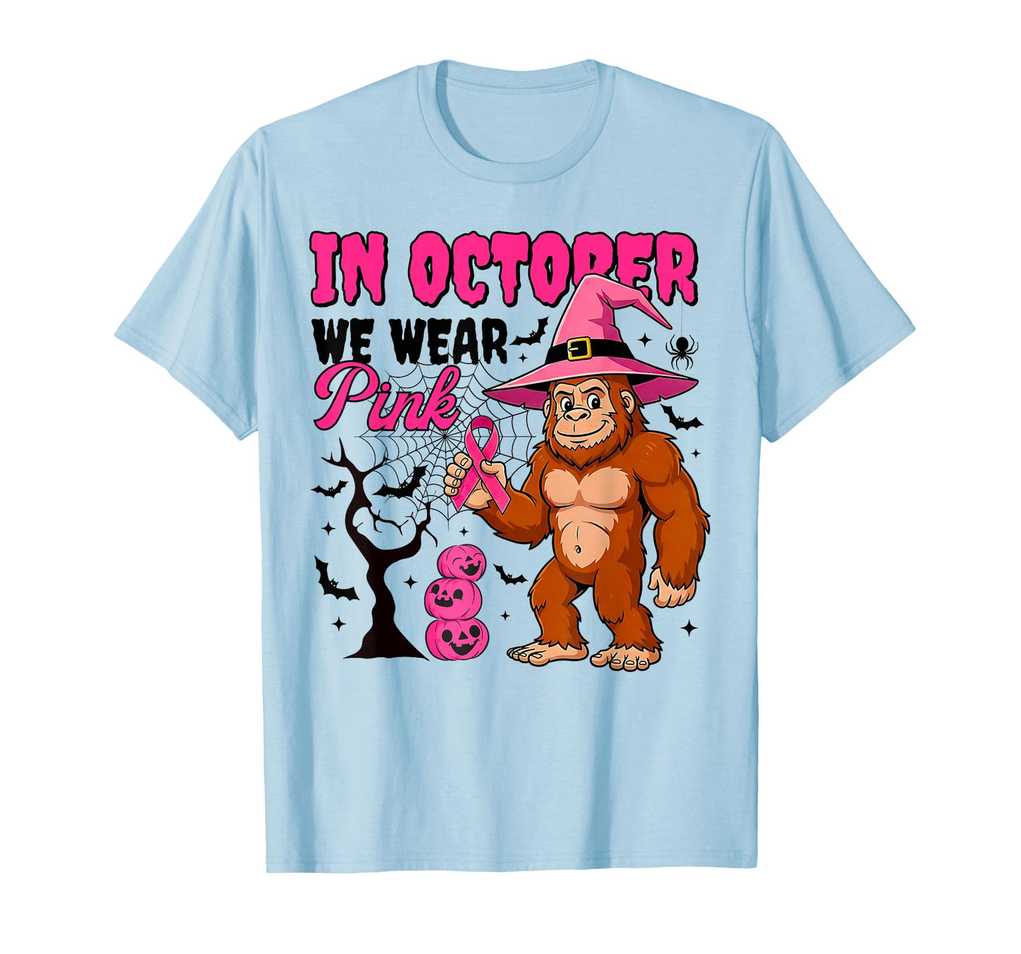 in October We Wear Pink Breast Cancer Awareness Bigfoot T-Shirt
