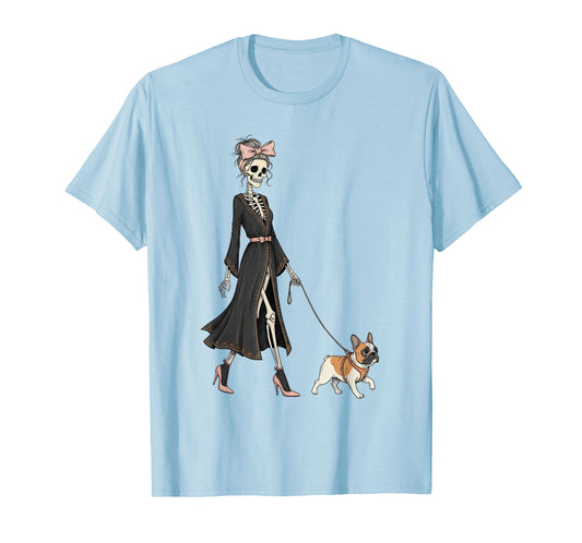 Skeleton French Bulldog Dog Walking Halloween Women T-Shirt