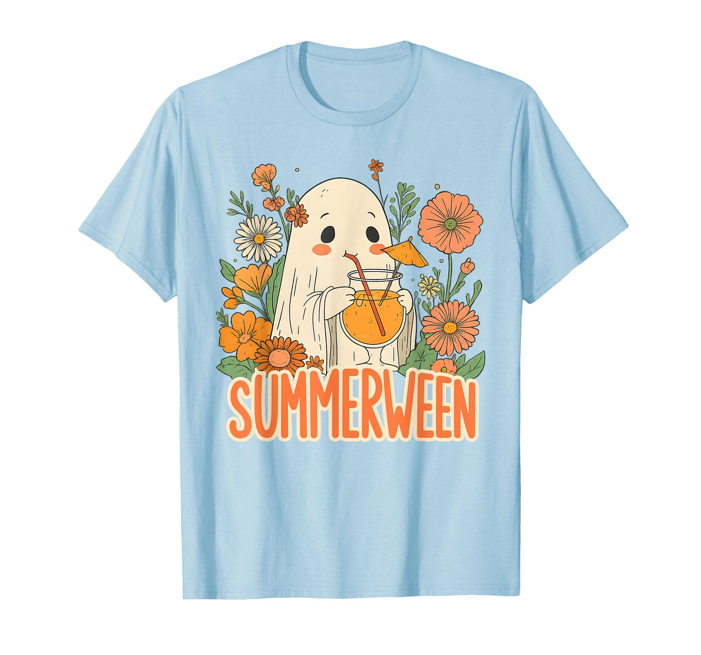 Retro Summerween Ghost Boho Floral Summer Halloween Cocktail T-Shirt