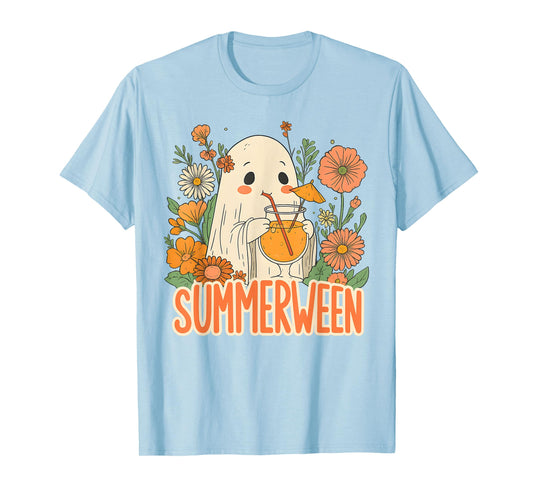 Retro Summerween Ghost Boho Floral Summer Halloween Cocktail T-Shirt
