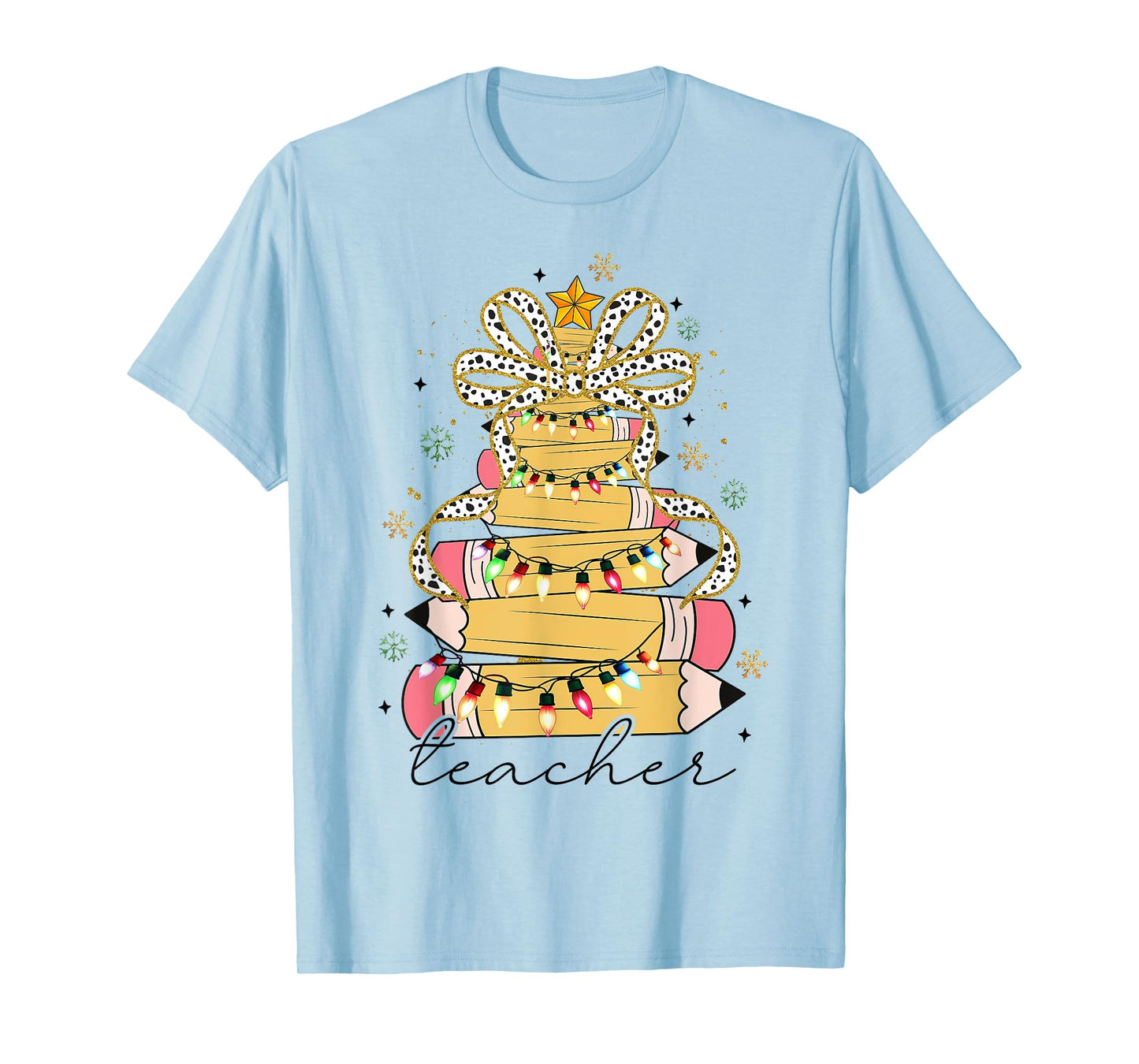 Teacher Crayon Christmas Tree Lights Student School Xmas T-Shirt