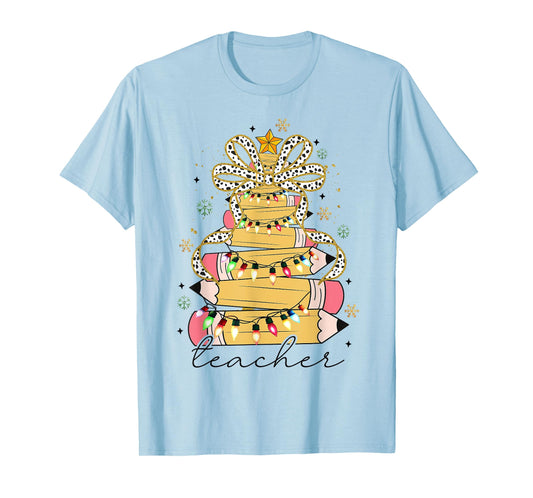 Teacher Crayon Christmas Tree Lights Student School Xmas T-Shirt