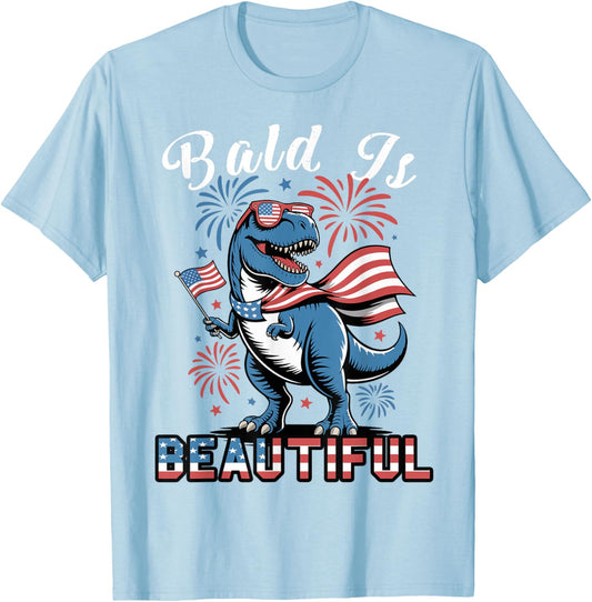 Toddler Boy Bald Is Beautiful 4th July Dinosaur Patriotic T-Shirt