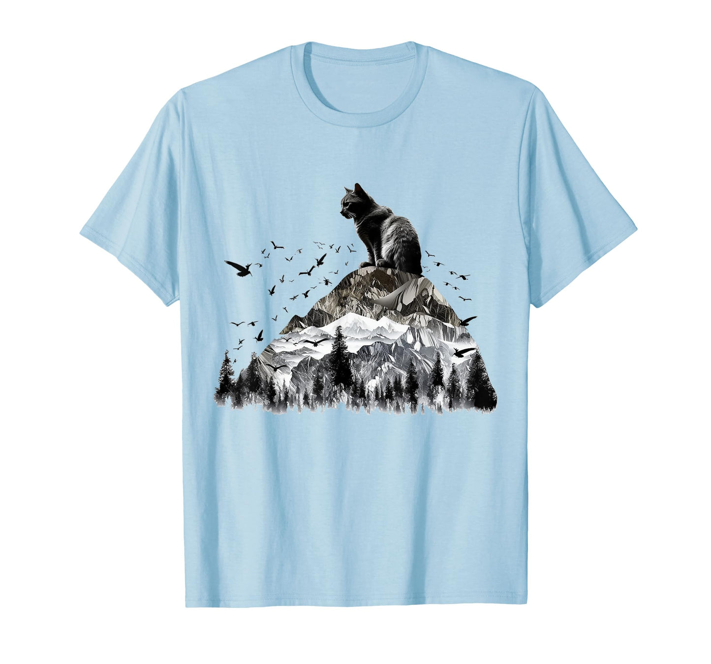 Cat Mountains Bird Artwork | Animal Motif Cat T-Shirt