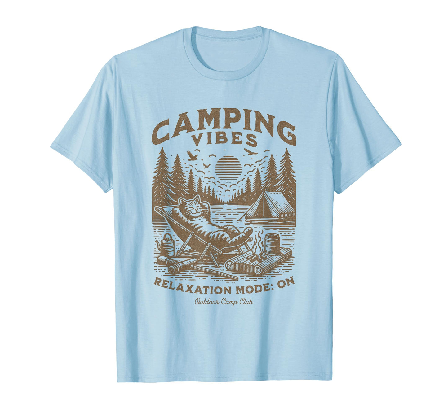 Camping Vibes Funny Cat Campfire Outdoor Nature Lovers Camp Men Women Kids T-Shirt