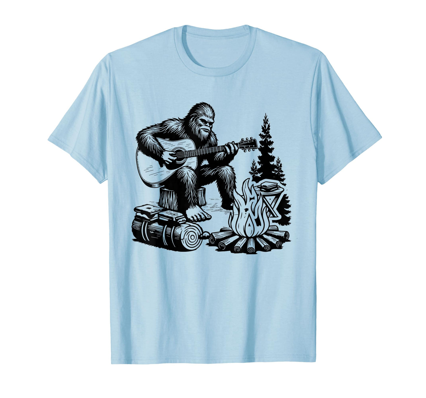 Bigfoot Camping Smore Rock Bigfoot Playing Guitar Campfire T-Shirt