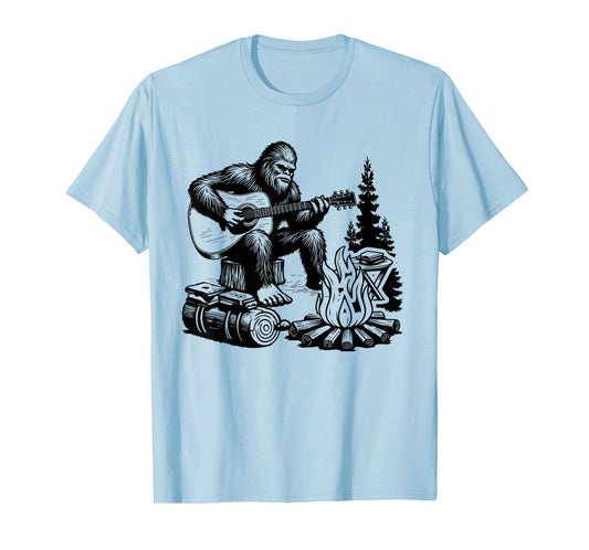 Bigfoot Camping Smore Rock Bigfoot Playing Guitar Campfire T-Shirt