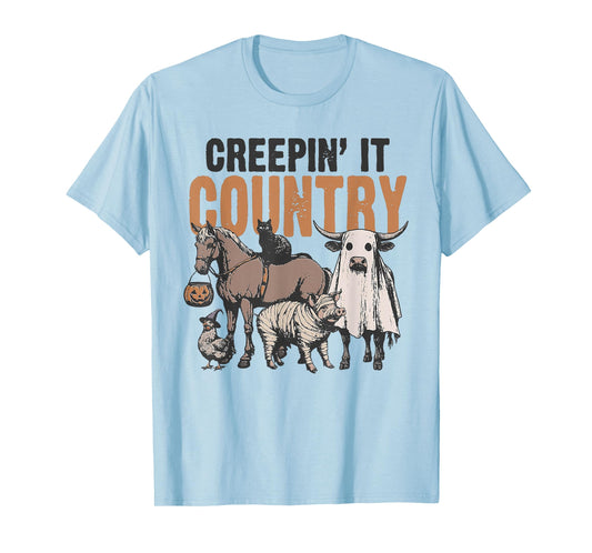 Creepin' It Country Halloween Farm Animal Cow Black Cat Pig T-Shirt
