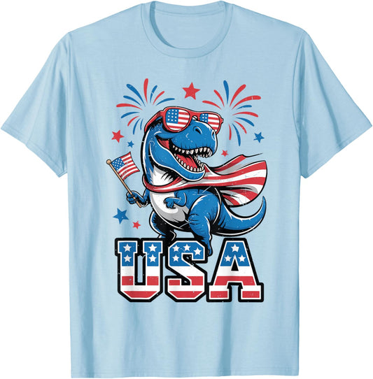USA 4th July Toddler Boy Dinosaur Dino American Flag Patriot T-Shirt