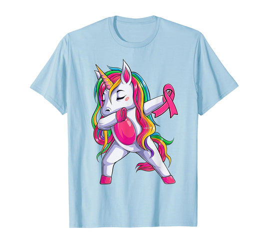 Dabbing Unicorn Pink Ribbon Breast Cancer Awareness Support T-Shirt