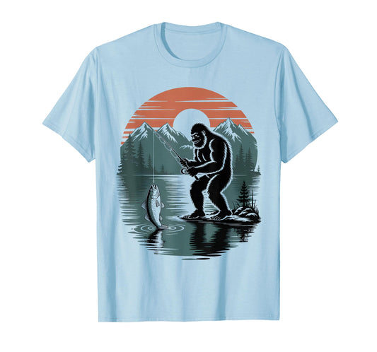 Funny Bigfoot Fishing Sasquatch Fisherman Outdoor Men Boys T-Shirt