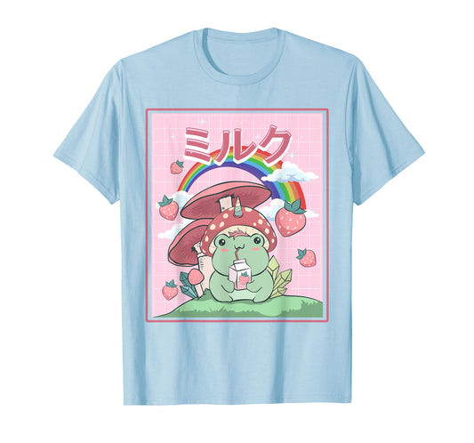 Cottagecore Aesthetic Kawaii Frog Drinking Japanese Milk T-Shirt