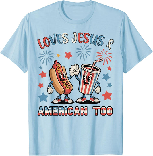 Toddler Loves Jesus & American Too 4th July Hotdog Patriotic T-Shirt