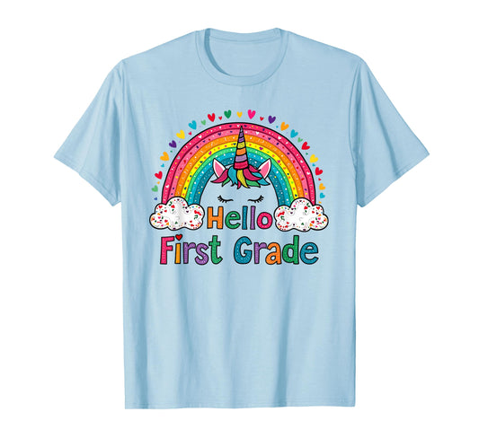 Hello First Grade Rainbow Cute Unicorn Teacher Kids Women T-Shirt
