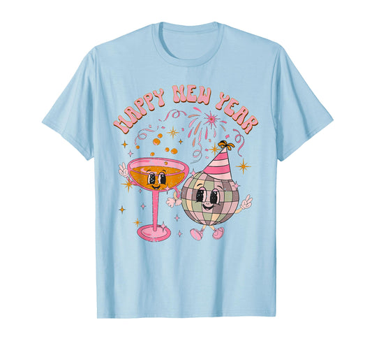 Happy New Year 2025 Disco Ball Wine Glass Cheers Drink Party T-Shirt