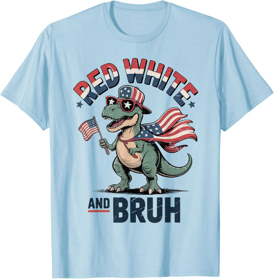 Toddler Boy Red White Bruh Funny 4th July Dinosaur Patriotic T-Shirt