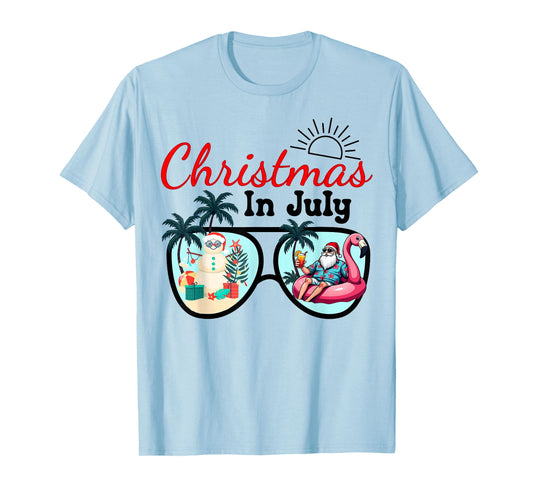 Vacation Christmas In July Sunglasses Santa Flamingo Summer T-Shirt